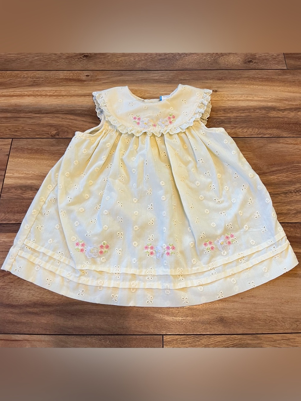 Vintage 24m little bitty yellow eyelet dress embroidered collared cottagecore